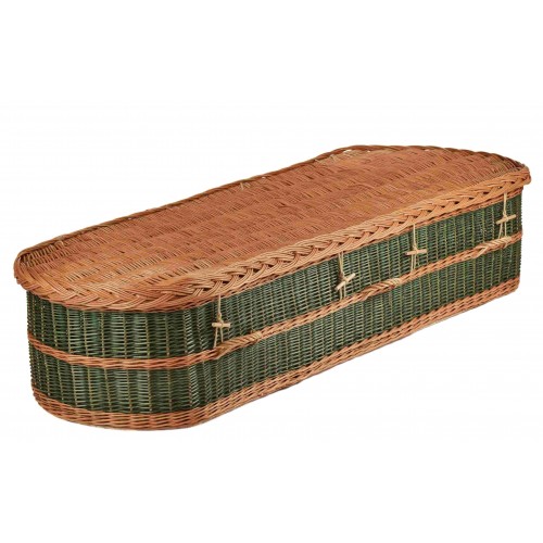 English Wicker / Willow Imperial Oval Coffin – British Racing Green & Natural Buff